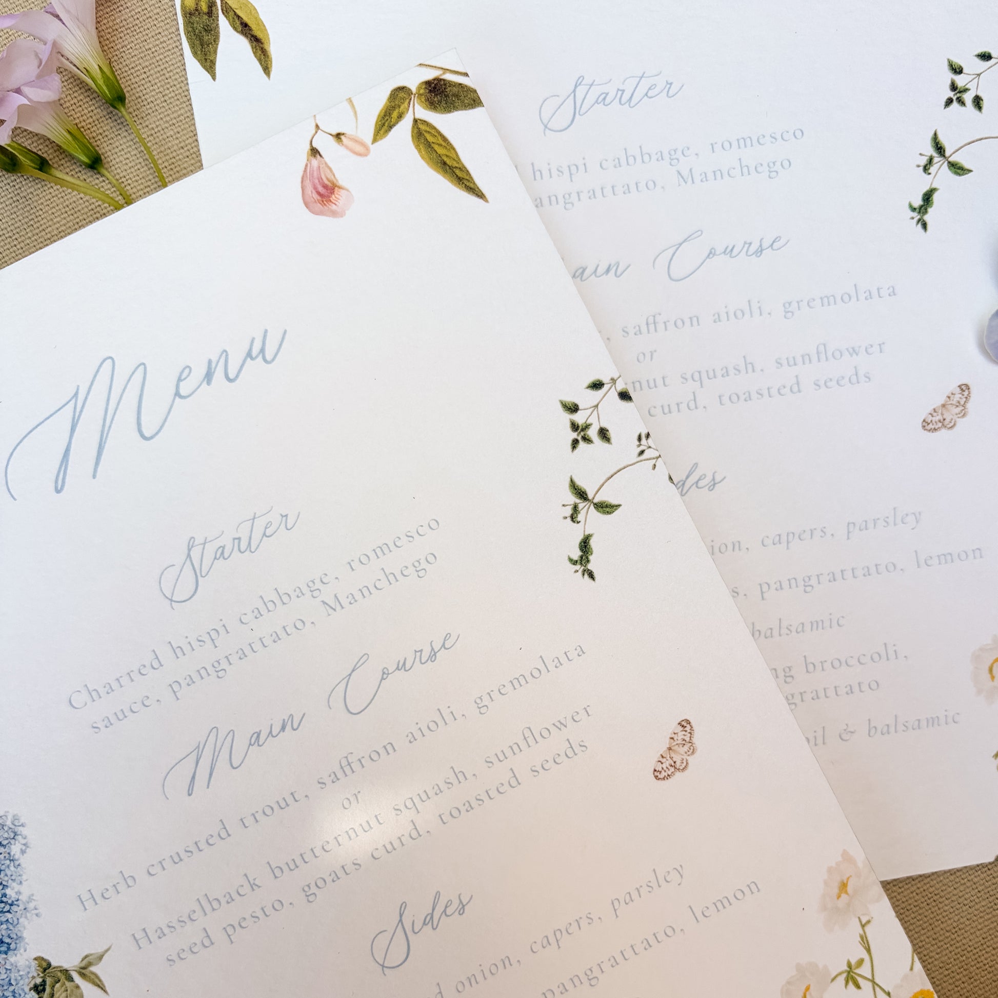 Wedding menu cards with floral design